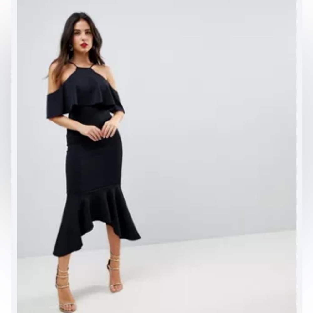 New Few Moda NY Black Strappy Off the Shoulder Midi Mermaid Cutout Dress